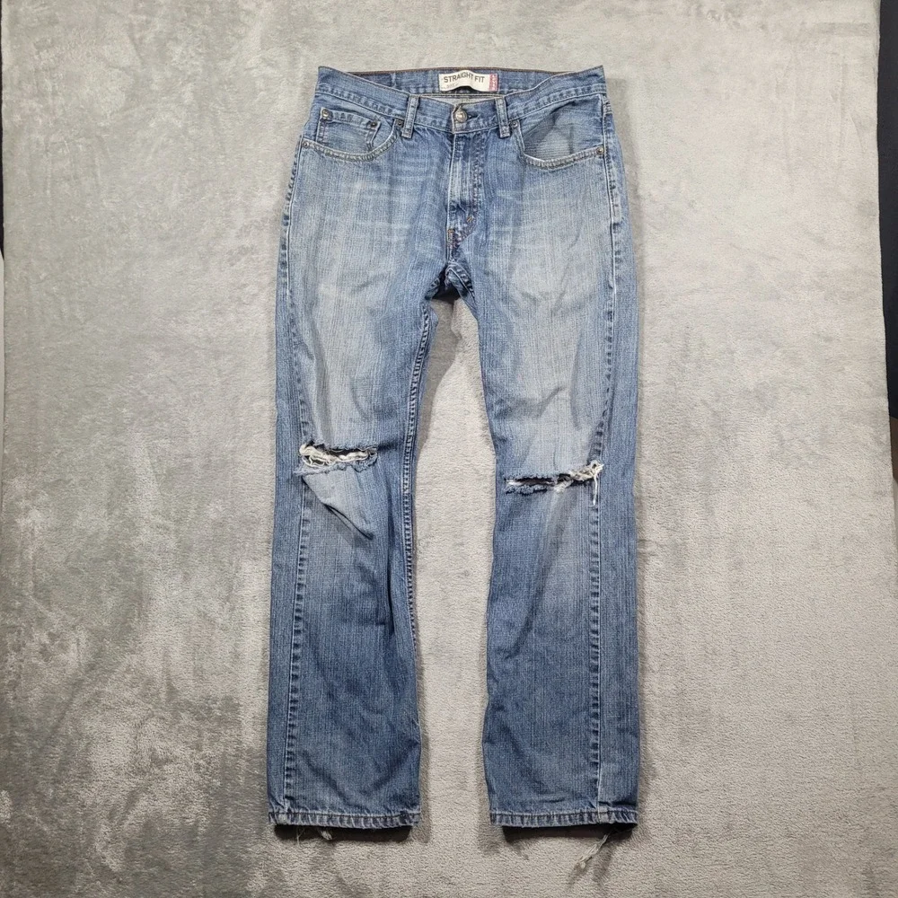 Levi's Jeans Mens 31x32 Blue 505 Straight Fit Distressed Frayed Denim Pants Y2K